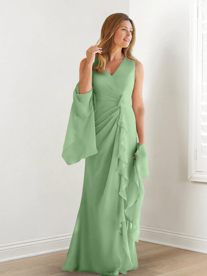 Sheath/Column V-Neck Sleeveless Floor-Length Mother of the Bride Dresses with Wraps & Ruffles