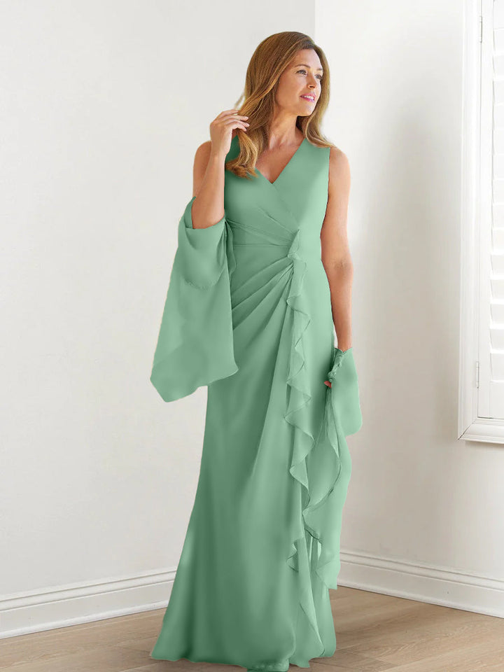 Sheath/Column V-Neck Sleeveless Floor-Length Mother of the Bride Dresses with Wraps & Ruffles