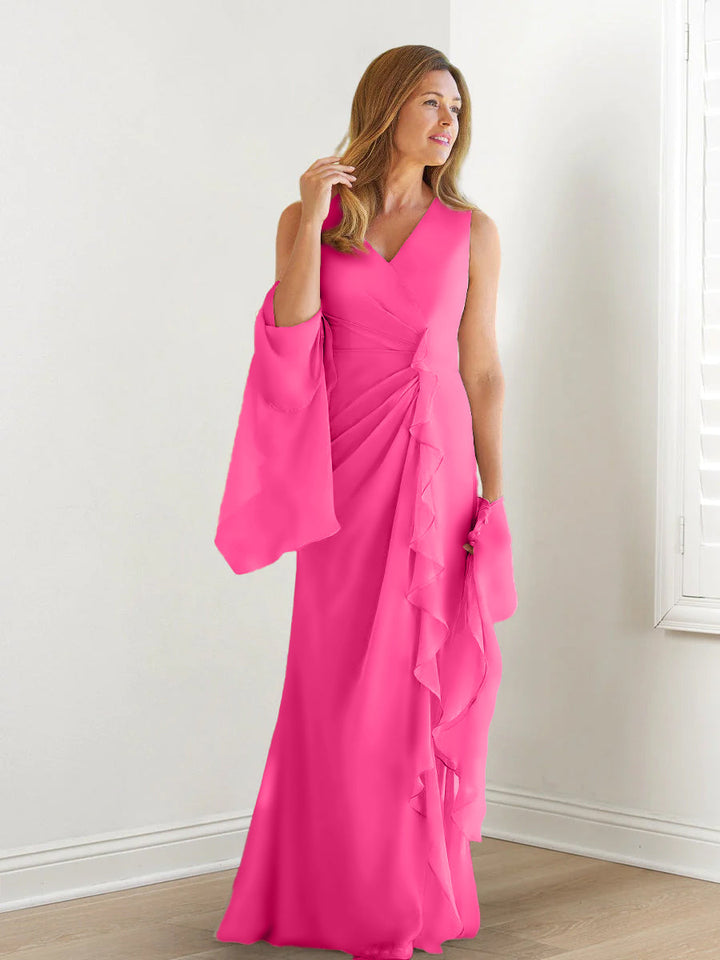 Sheath/Column V-Neck Sleeveless Floor-Length Mother of the Bride Dresses with Wraps & Ruffles