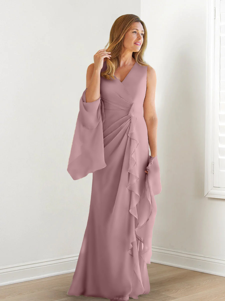 Sheath/Column V-Neck Sleeveless Floor-Length Mother of the Bride Dresses with Wraps & Ruffles