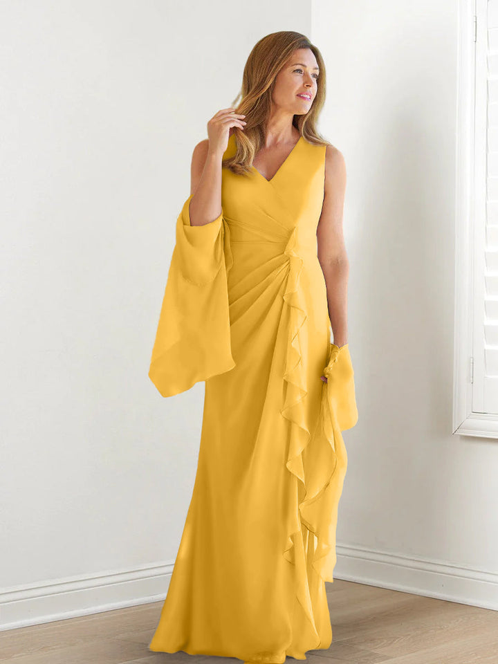 Sheath/Column V-Neck Sleeveless Floor-Length Mother of the Bride Dresses with Wraps & Ruffles