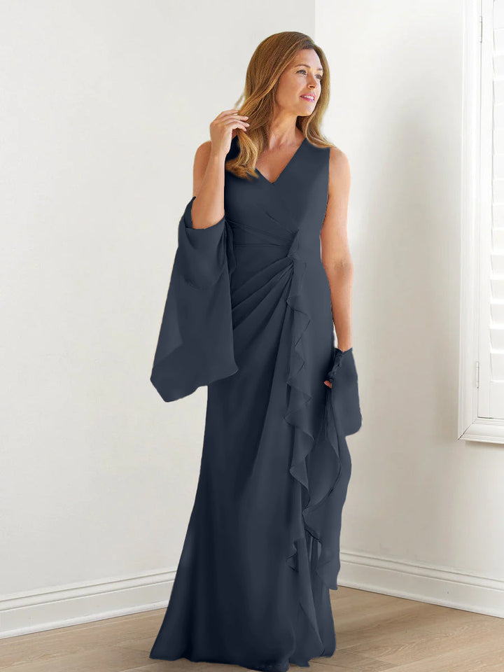 Sheath/Column V-Neck Sleeveless Floor-Length Mother of the Bride Dresses with Wraps & Ruffles