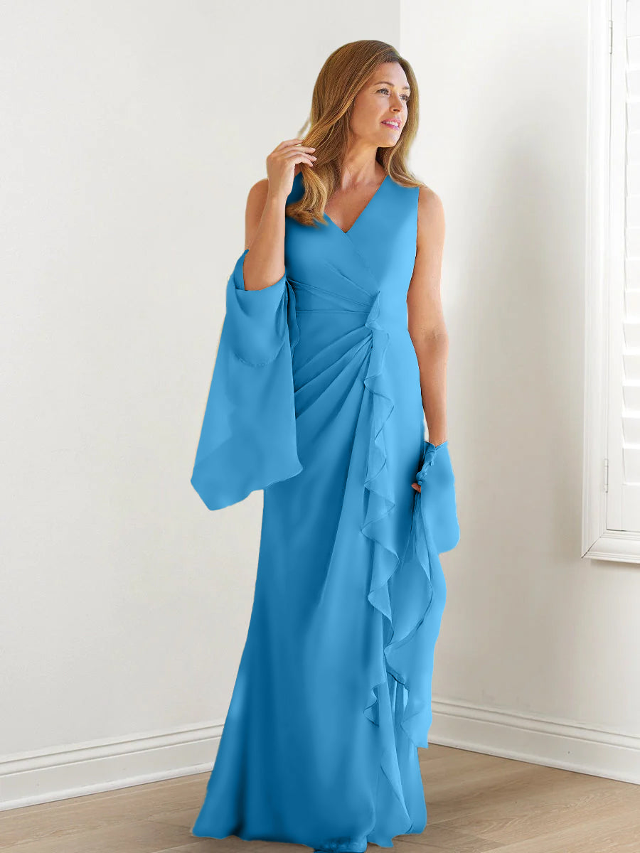 Sheath/Column V-Neck Sleeveless Floor-Length Mother of the Bride Dresses with Wraps & Ruffles