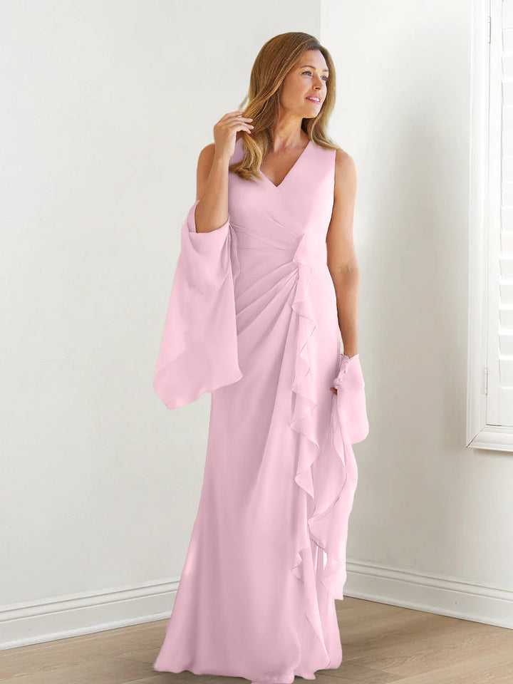 Sheath/Column V-Neck Sleeveless Floor-Length Mother of the Bride Dresses with Wraps & Ruffles