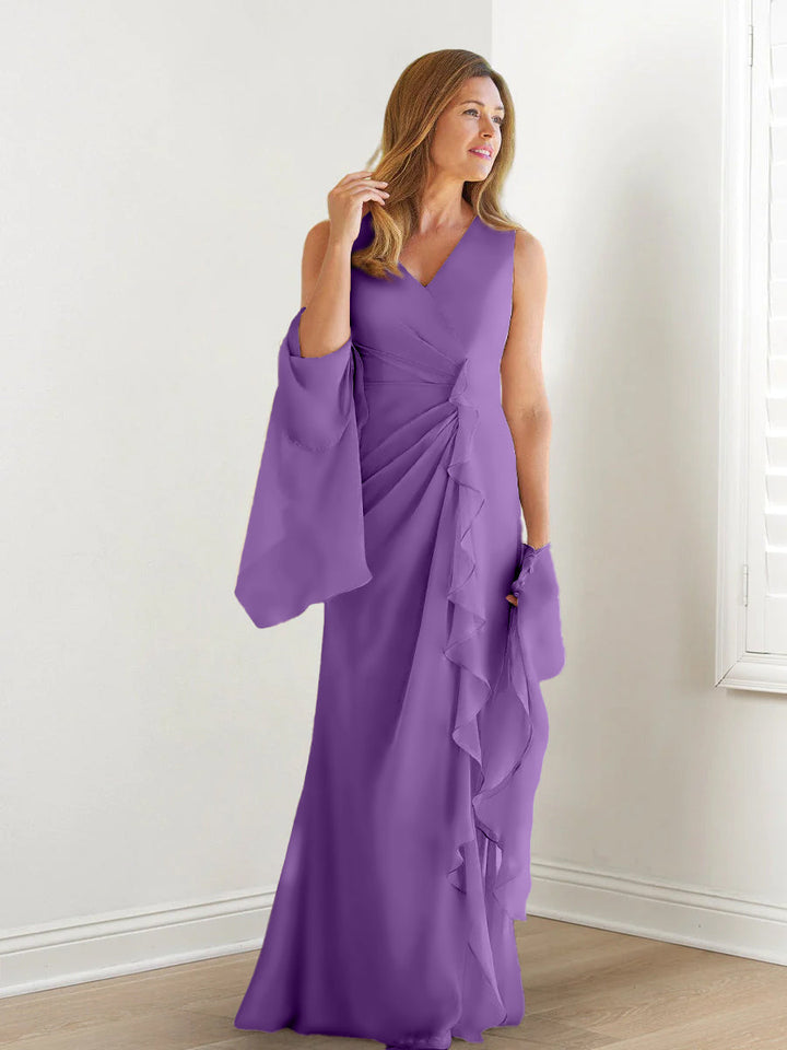 Sheath/Column V-Neck Sleeveless Floor-Length Mother of the Bride Dresses with Wraps & Ruffles