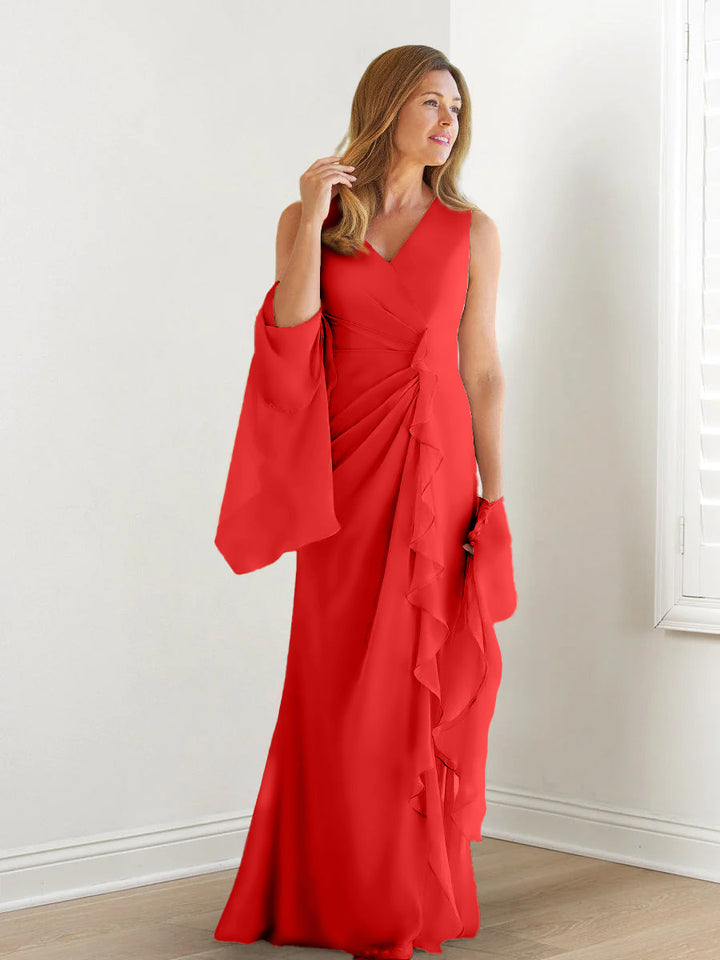 Sheath/Column V-Neck Sleeveless Floor-Length Mother of the Bride Dresses with Wraps & Ruffles