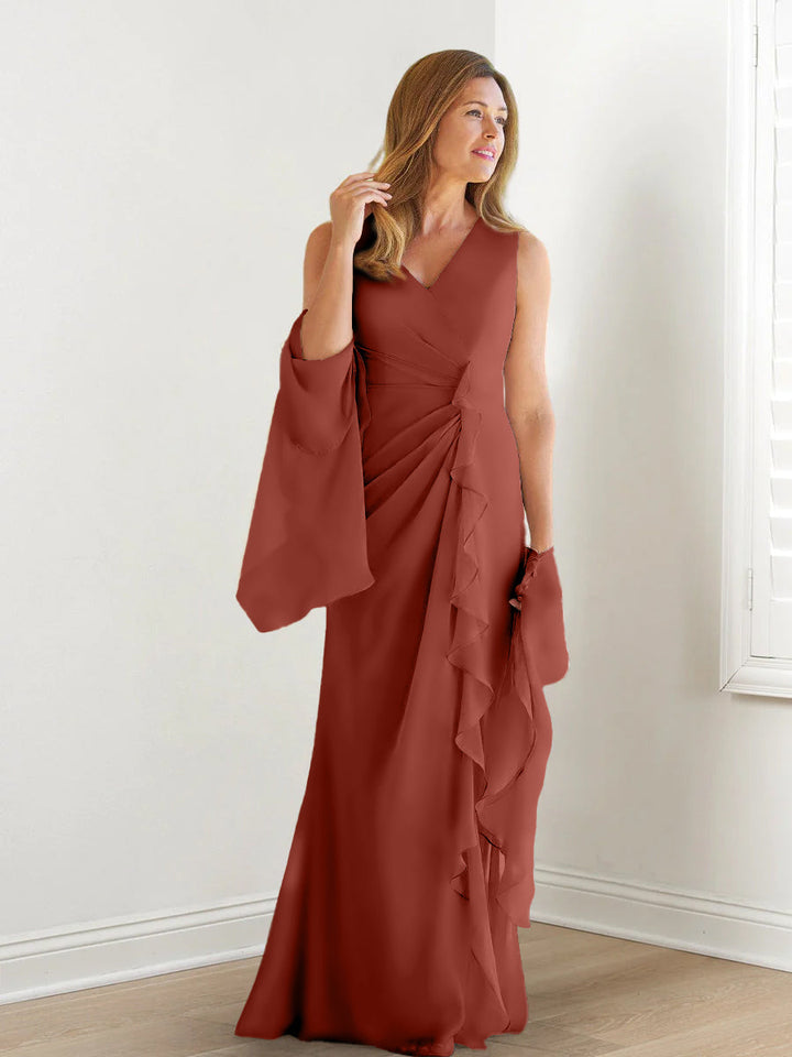 Sheath/Column V-Neck Sleeveless Floor-Length Mother of the Bride Dresses with Wraps & Ruffles