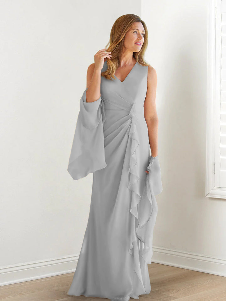 Sheath/Column V-Neck Sleeveless Floor-Length Mother of the Bride Dresses with Wraps & Ruffles