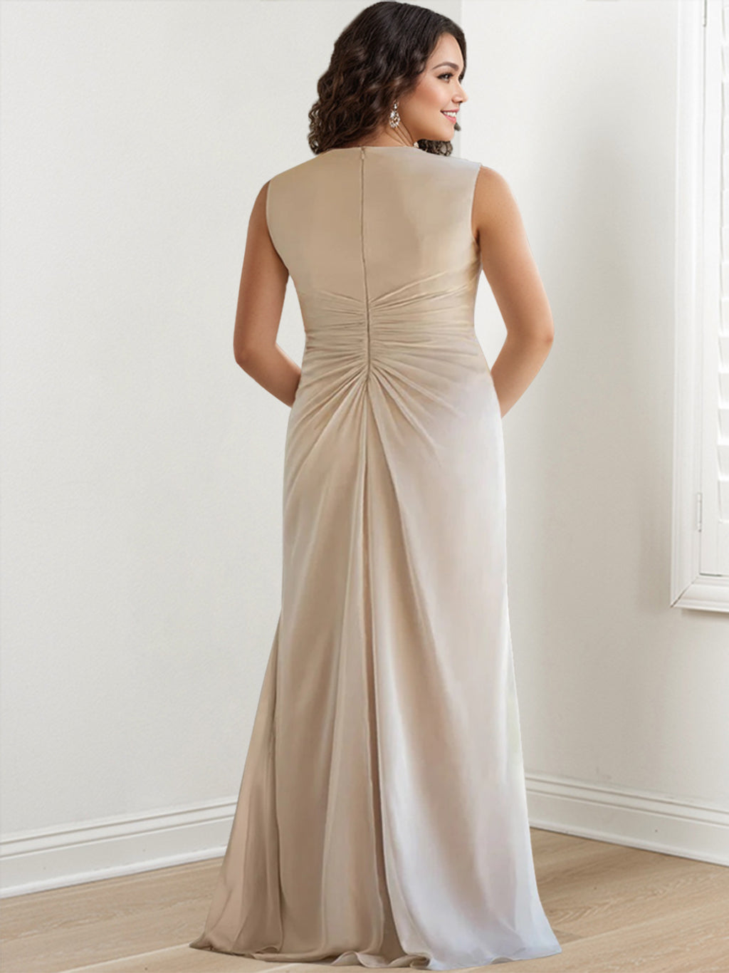 Sheath/Column V-Neck Sleeveless Floor-Length Plus Size Mother of the Bride Dresses with Wraps & Ruffles