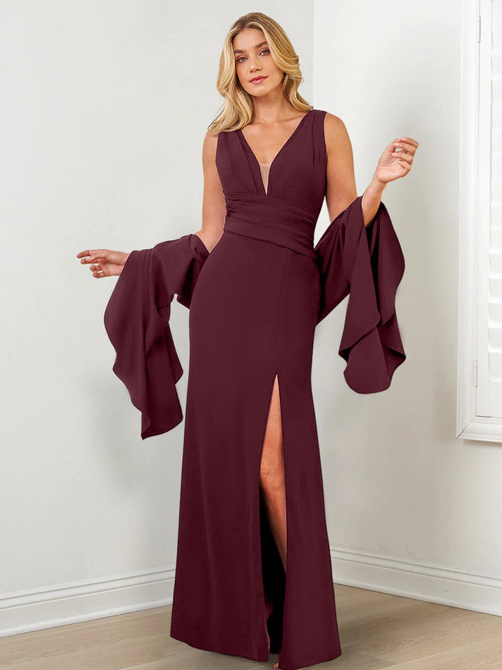 Sheath/Column V-Neck Mother of the Bride Dresses with Wraps & Split Side