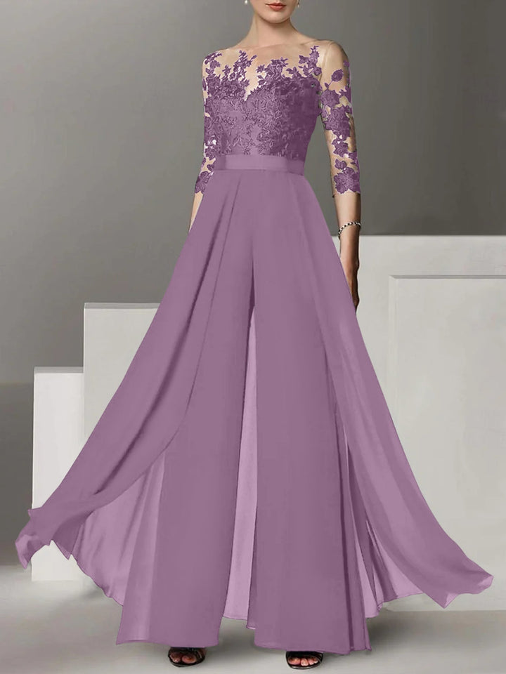 A-Line/Princess Jewel Neck 3/4 Length Sleeves Floor-Length Mother of the Bride Pantsuits with Applique