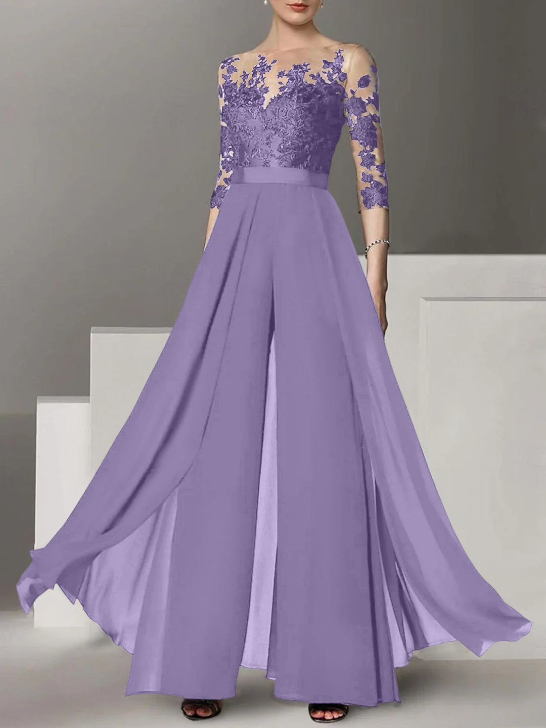 A-Line/Princess Jewel Neck 3/4 Length Sleeves Floor-Length Mother of the Bride Pantsuits with Applique