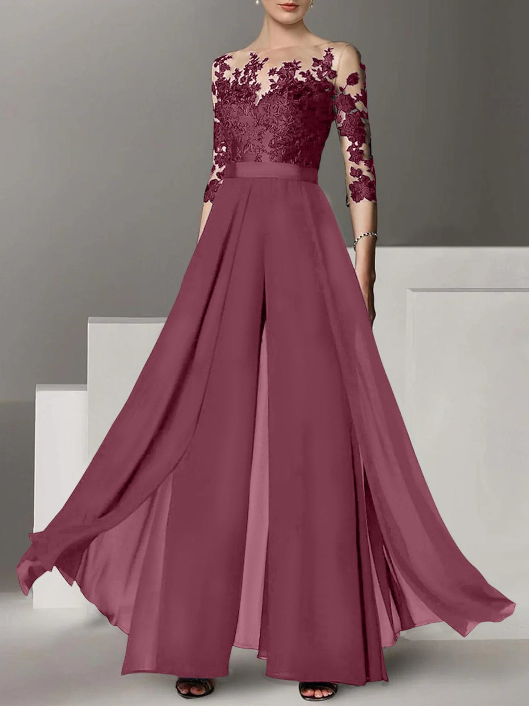 A-Line/Princess Jewel Neck 3/4 Length Sleeves Floor-Length Mother of the Bride Pantsuits with Applique