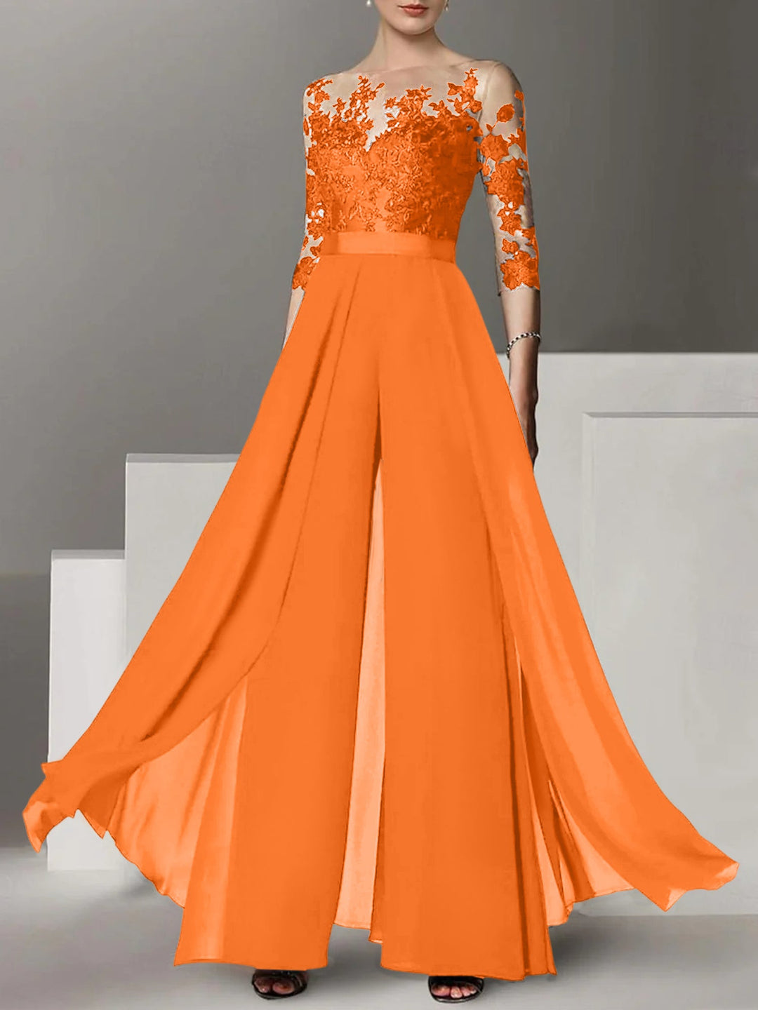 A-Line/Princess Jewel Neck 3/4 Length Sleeves Floor-Length Mother of the Bride Pantsuits with Applique