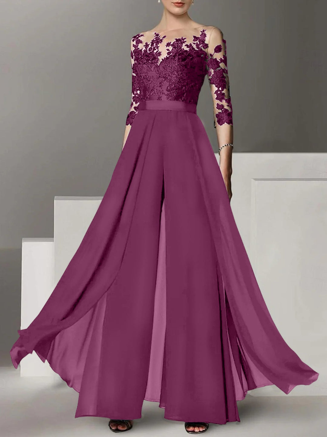 A-Line/Princess Jewel Neck 3/4 Length Sleeves Floor-Length Mother of the Bride Pantsuits with Applique