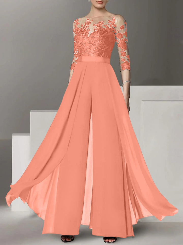 A-Line/Princess Jewel Neck 3/4 Length Sleeves Floor-Length Mother of the Bride Pantsuits with Applique