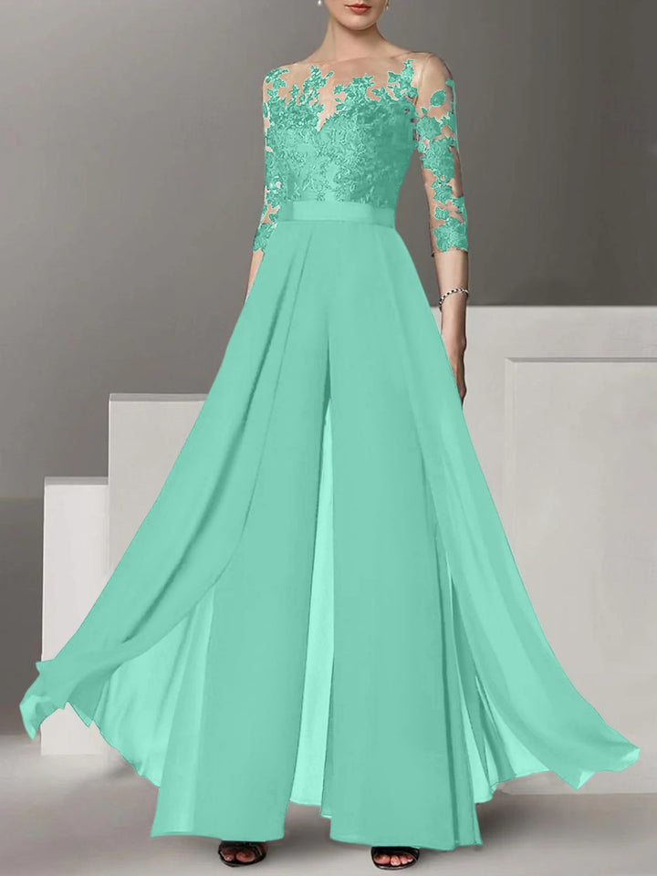 A-Line/Princess Jewel Neck 3/4 Length Sleeves Floor-Length Mother of the Bride Pantsuits with Applique