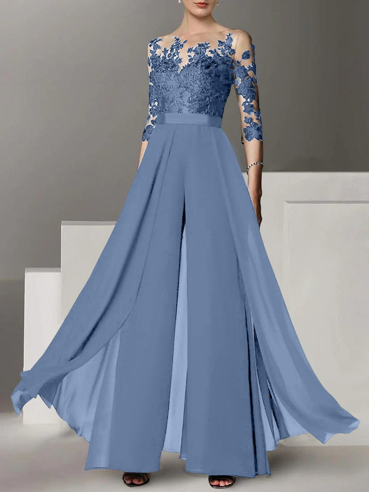 A-Line/Princess Jewel Neck 3/4 Length Sleeves Floor-Length Mother of the Bride Pantsuits with Applique