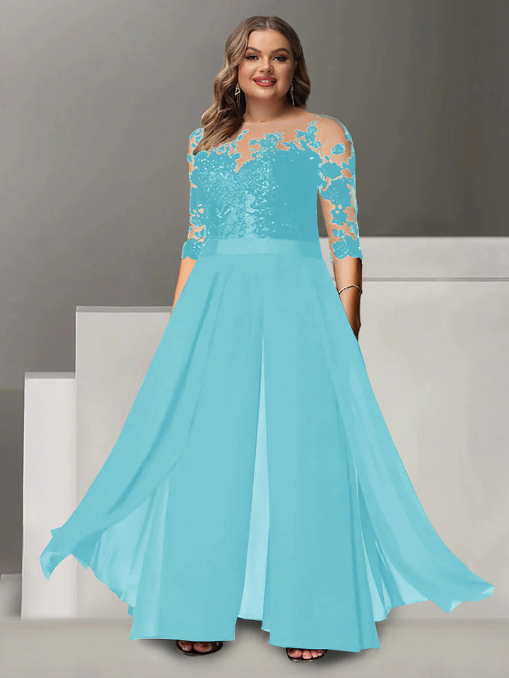 A-Line/Princess Jewel Neck 3/4 Length Sleeves Floor-Length Plus Size Mother of the Bride Pantsuits with Applique