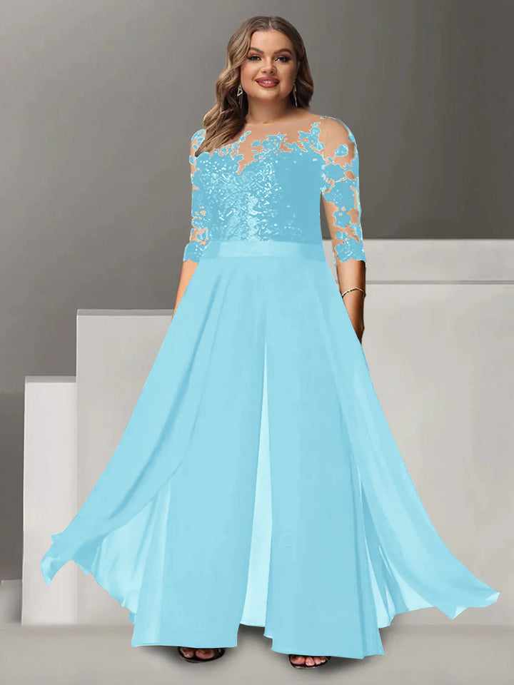 A-Line/Princess Jewel Neck 3/4 Length Sleeves Floor-Length Plus Size Mother of the Bride Pantsuits with Applique