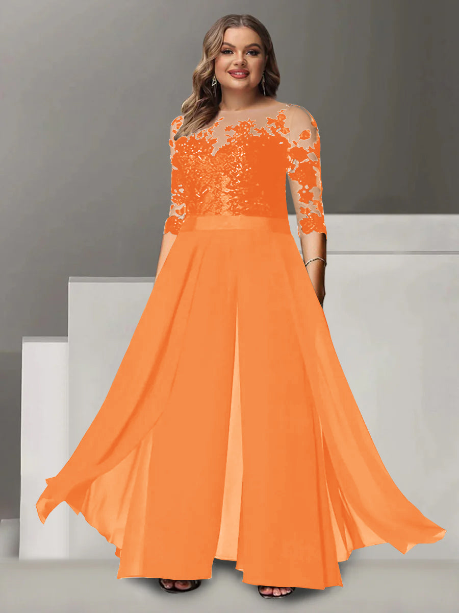 A-Line/Princess Jewel Neck 3/4 Length Sleeves Floor-Length Plus Size Mother of the Bride Pantsuits with Applique