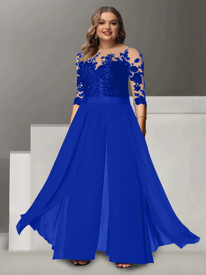 A-Line/Princess Jewel Neck 3/4 Length Sleeves Floor-Length Plus Size Mother of the Bride Pantsuits with Applique