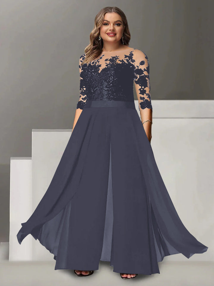 A-Line/Princess Jewel Neck 3/4 Length Sleeves Floor-Length Plus Size Mother of the Bride Pantsuits with Applique