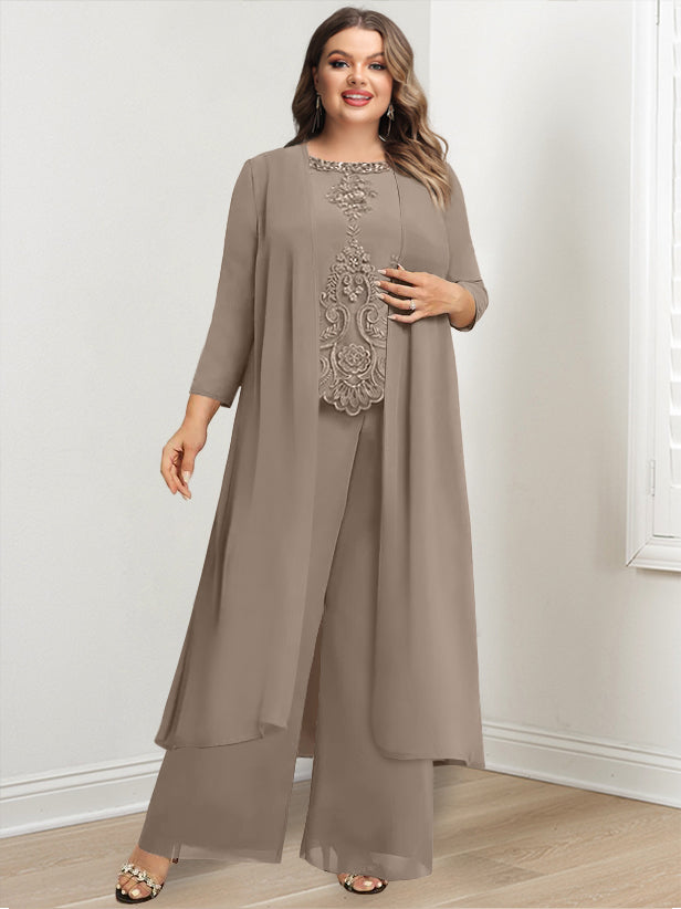 Chiffon Round Neck Floor-Length Plus Size Mother Of The Bride Pantsuits With Jacket & Applique