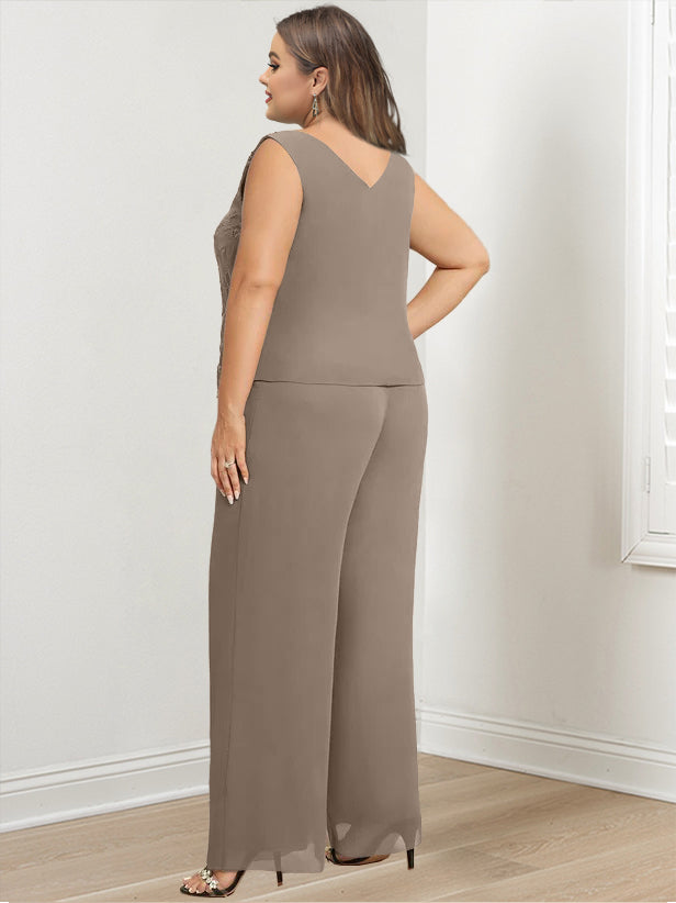 Chiffon Round Neck Floor-Length Plus Size Mother Of The Bride Pantsuits With Jacket & Applique