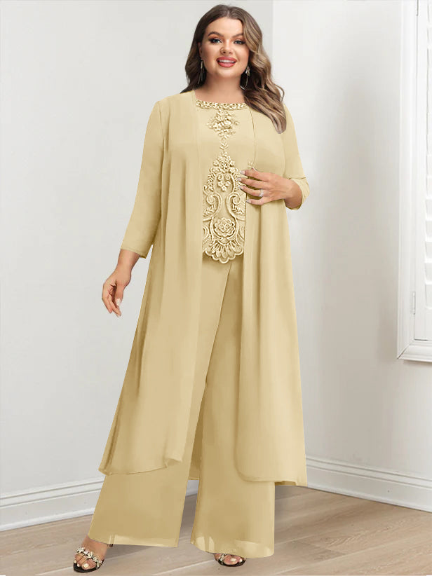 Chiffon Round Neck Floor-Length Plus Size Mother Of The Bride Pantsuits With Jacket & Applique