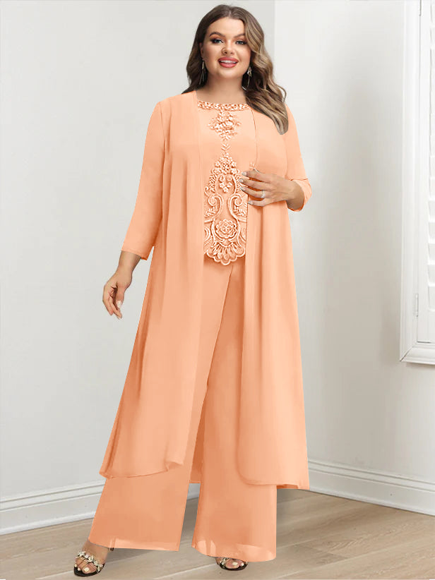 Chiffon Round Neck Floor-Length Plus Size Mother Of The Bride Pantsuits With Jacket & Applique