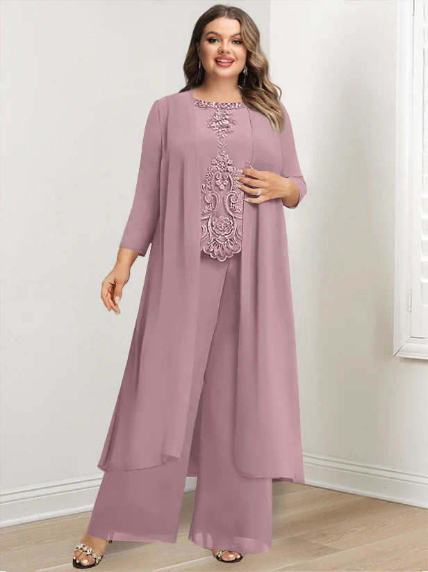 Chiffon Round Neck Floor-Length Plus Size Mother Of The Bride Pantsuits With Jacket & Applique