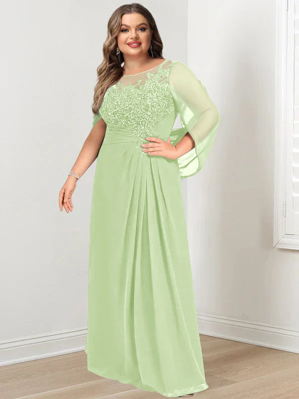 A-Line/Princess Scoop Floor-Length Plus Size Mother of the Bride Dresses with Pleated & Sequins