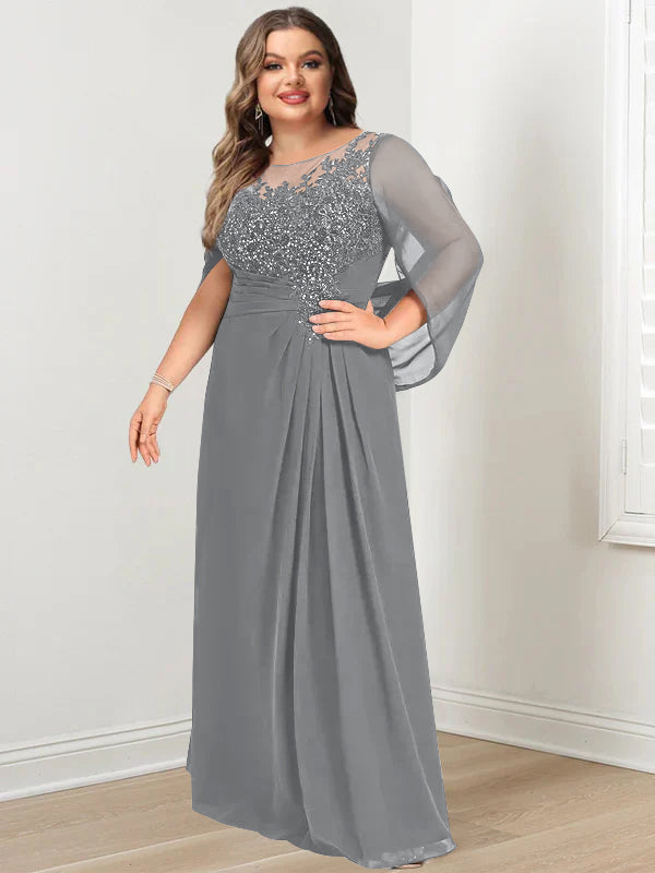 A-Line/Princess Scoop Floor-Length Plus Size Mother of the Bride Dresses with Pleated & Sequins