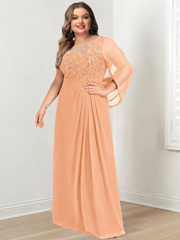 A-Line/Princess Scoop Floor-Length Plus Size Mother of the Bride Dresses with Pleated & Sequins