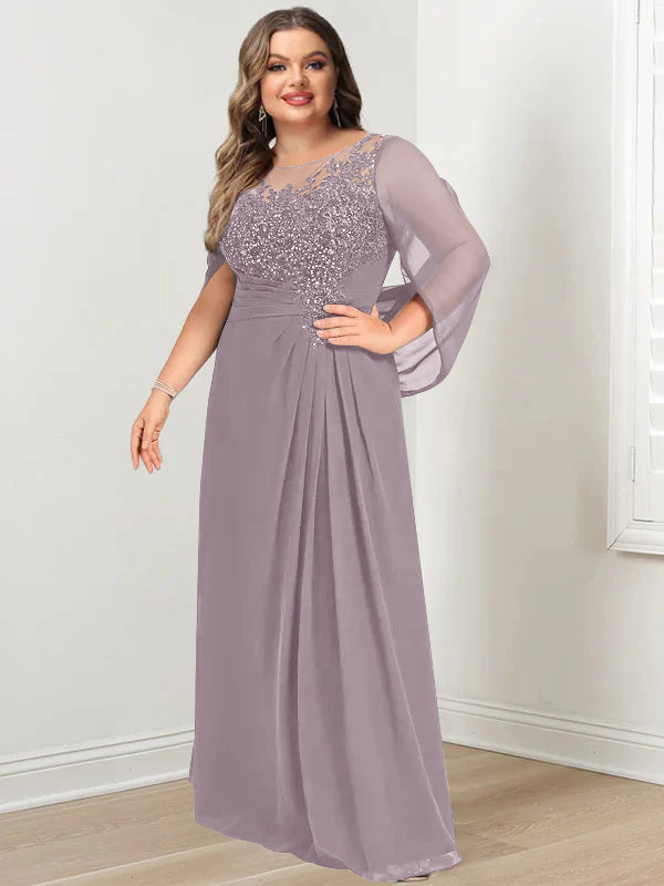 A-Line/Princess Scoop Floor-Length Plus Size Mother of the Bride Dresses with Pleated & Sequins