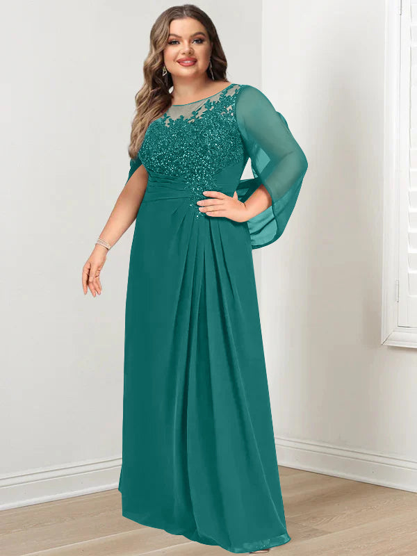 A-Line/Princess Scoop Floor-Length Plus Size Mother of the Bride Dresses with Pleated & Sequins