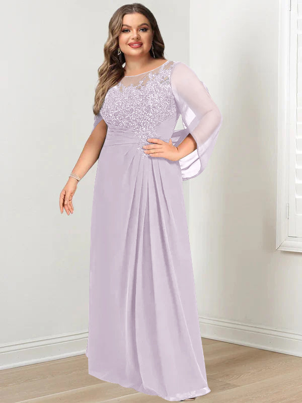 A-Line/Princess Scoop Floor-Length Plus Size Mother of the Bride Dresses with Pleated & Sequins