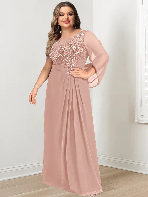 A-Line/Princess Scoop Floor-Length Plus Size Mother of the Bride Dresses with Pleated & Sequins