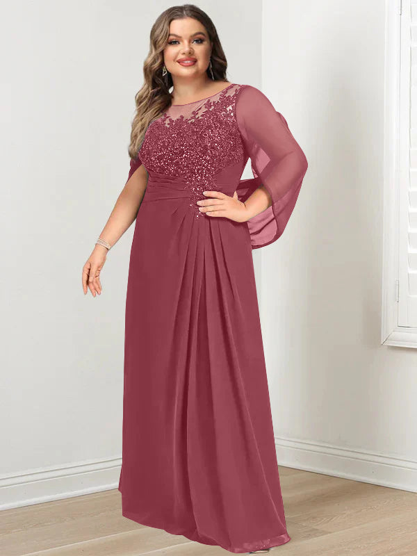 A-Line/Princess Scoop Floor-Length Plus Size Mother of the Bride Dresses with Pleated & Sequins