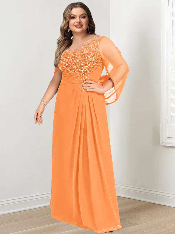 A-Line/Princess Scoop Floor-Length Plus Size Mother of the Bride Dresses with Pleated & Sequins