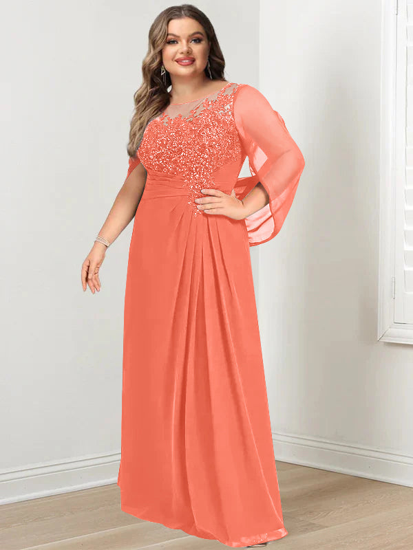 A-Line/Princess Scoop Floor-Length Plus Size Mother of the Bride Dresses with Pleated & Sequins