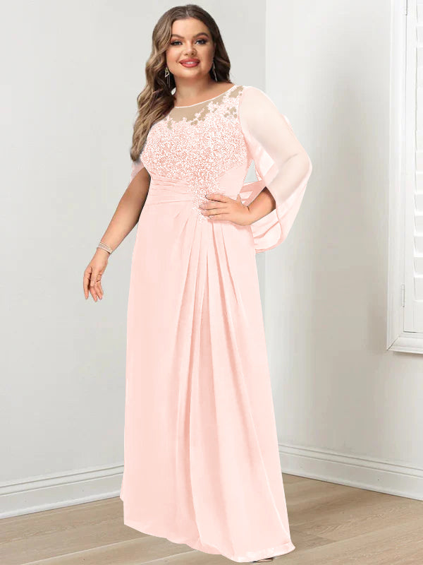 A-Line/Princess Scoop Floor-Length Plus Size Mother of the Bride Dresses with Pleated & Sequins