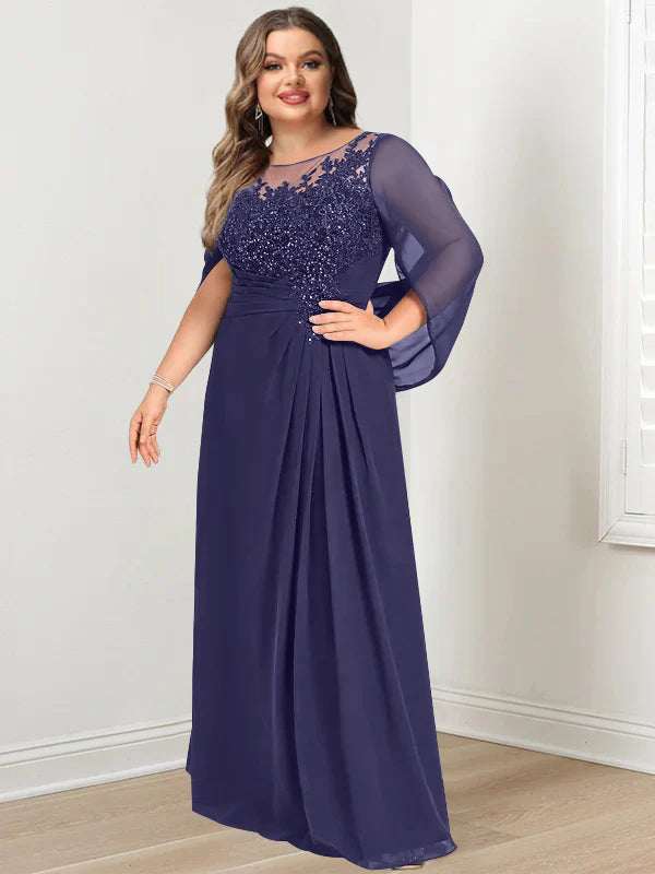 A-Line/Princess Scoop Floor-Length Plus Size Mother of the Bride Dresses with Pleated & Sequins