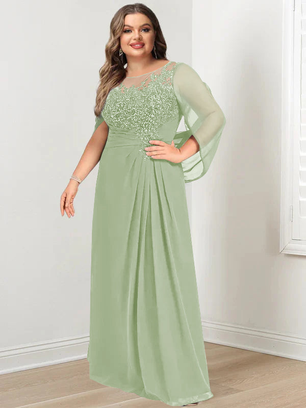 A-Line/Princess Scoop Floor-Length Plus Size Mother of the Bride Dresses with Pleated & Sequins