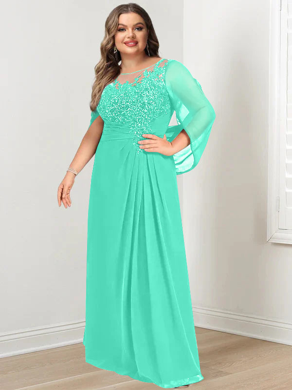 A-Line/Princess Scoop Floor-Length Plus Size Mother of the Bride Dresses with Pleated & Sequins