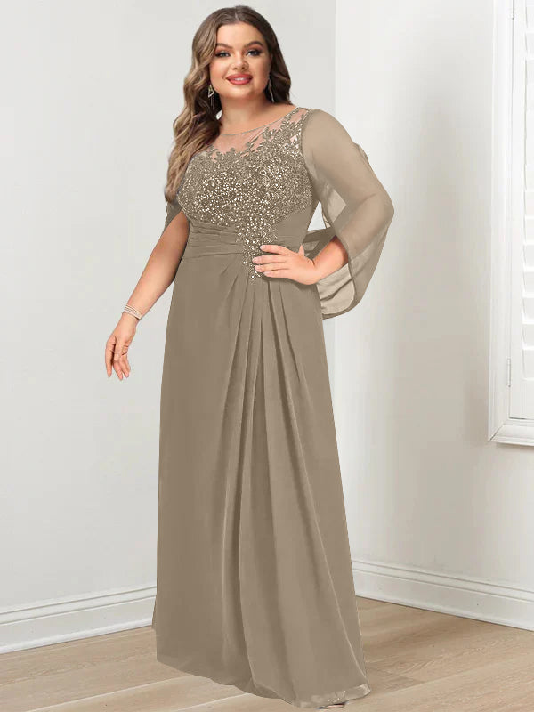 A-Line/Princess Scoop Floor-Length Plus Size Mother of the Bride Dresses with Pleated & Sequins