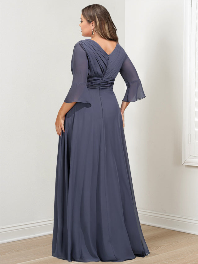 A-Line/Princess V-Neck 3/4 Length Sleeves Asymmetrical Plus Size Mother of the Bride Dresses with Ruffles