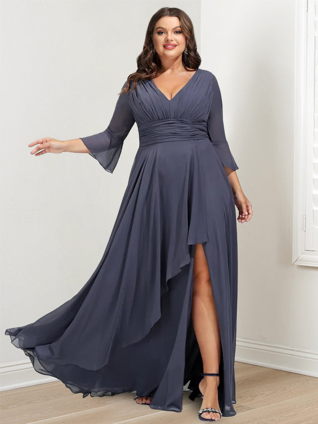 A-Line/Princess V-Neck 3/4 Length Sleeves Asymmetrical Plus Size Mother of the Bride Dresses with Ruffles