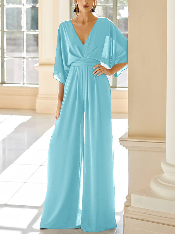 Chiffon V-Neck Mother of the Bride Pantsuits with Pockets